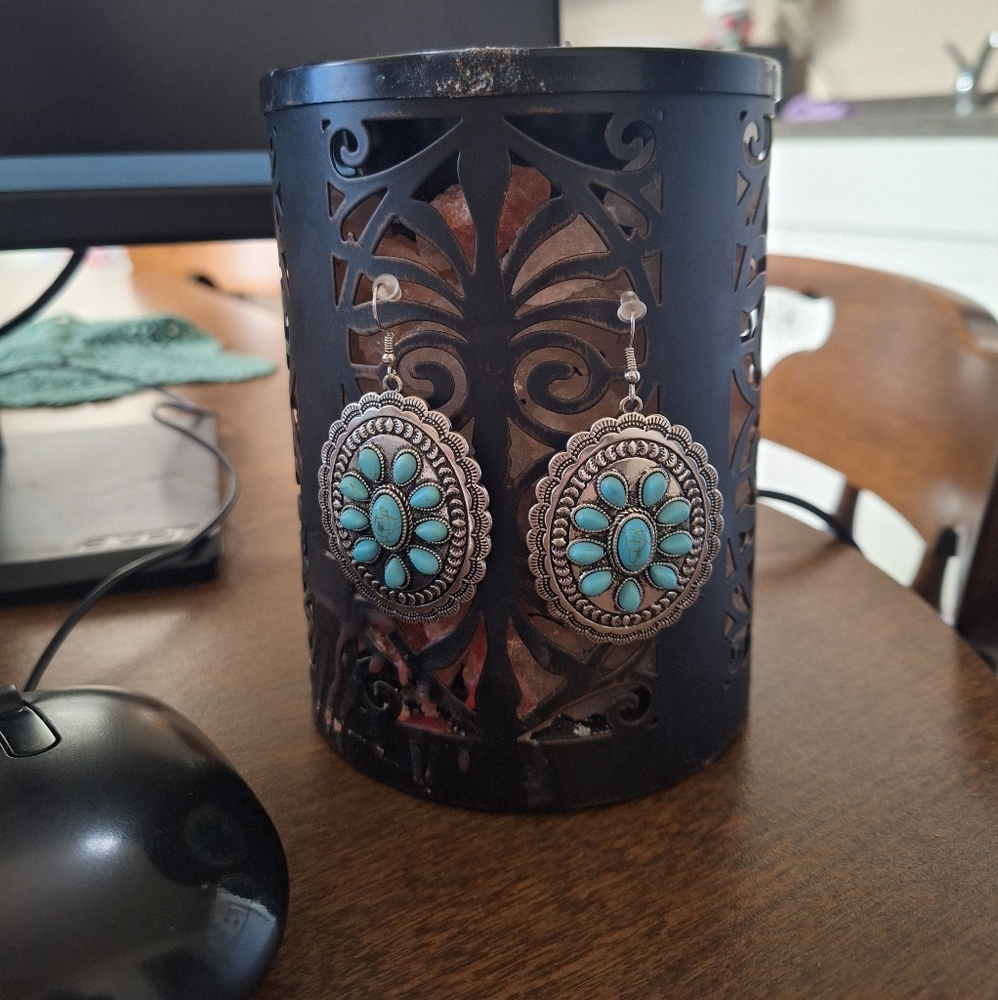 Black and Blue Intricate Earrings with Turquoise Accents